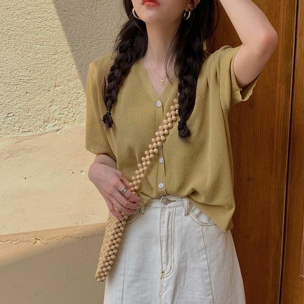 women's t-shirt 2021 summer half sleeve v-neck cardigan sweater women short knitted female korean student loose solid color trend, White
women's t-shirt 2021 summer half sleeve v-neck cardigan sweater women short knitted female korean student loose solid color trend, White