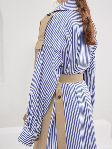 women's trench coats 2021 autumn and winter blue vertical stripes stitching khaki long double-breasted turn-down collar fashion coat, Tan;black
women's trench coats 2021 autumn and winter blue vertical stripes stitching khaki long double-breasted turn-down collar fashion coat, Tan;black