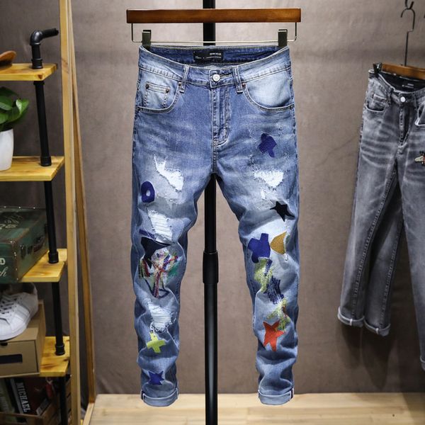 jeans personalized embroidered men's fashion brand elastic slim pants patch hole long men, Blue
jeans personalized embroidered men's fashion brand elastic slim pants patch hole long men, Blue