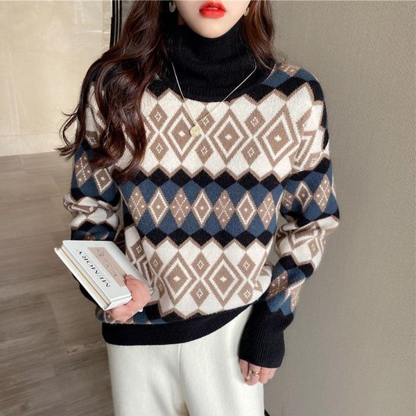 zoki turtelneck argyle sweater warm winter thick knit jumper causal vintage loose long sleeve female coat high collar ladies women's sw, White;black
zoki turtelneck argyle sweater warm winter thick knit jumper causal vintage loose long sleeve female coat high collar ladies women's sw, White;black