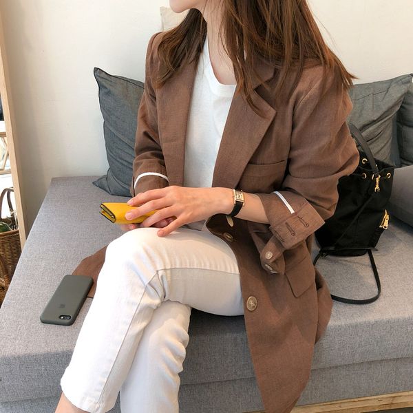 women cotton and linen suit blazers summer casual loose one button notched vintage pockets blasic jacket 210427, White;black
women cotton and linen suit blazers summer casual loose one button notched vintage pockets blasic jacket 210427, White;black
