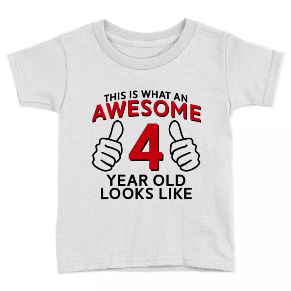 awesome 4 year old kids t-shirt 4th birthday celebration present gift cute, White;black
awesome 4 year old kids t-shirt 4th birthday celebration present gift cute, White;black