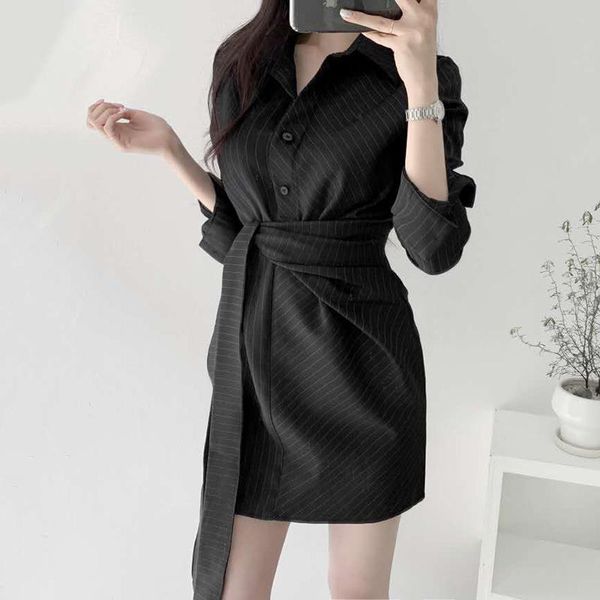 casual dresses women 2021 korea fashion elegant lapel single-breasted irregular waist belt striped shirt dress short vestidos, Black;gray
casual dresses women 2021 korea fashion elegant lapel single-breasted irregular waist belt striped shirt dress short vestidos, Black;gray