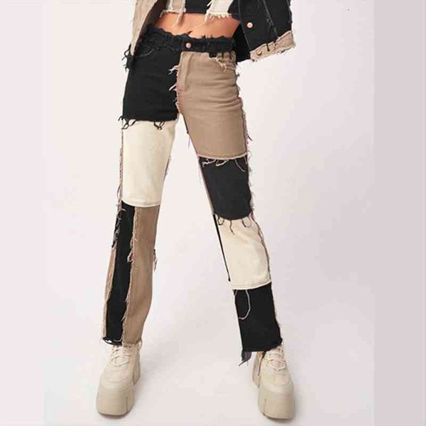 spring autumn cargo trend womens jeans mixed color joint high waist tight buttocks cotton straight trousers, Blue 
spring autumn cargo trend womens jeans mixed color joint high waist tight buttocks cotton straight trousers, Blue