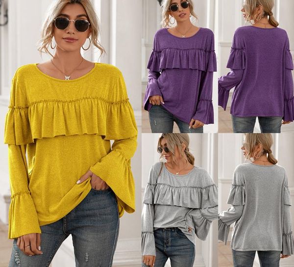 women's t-shirt loose leisure ruffle stitching long-sleeved solid color spring/summer t-shirt women, White
women's t-shirt loose leisure ruffle stitching long-sleeved solid color spring/summer t-shirt women, White