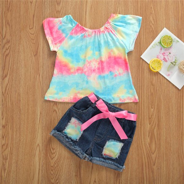 1-6 years baby girl clothes sets colorful rainbow print ruffles sleeve t shirts +denim blue shorts children girls summer set, White
1-6 years baby girl clothes sets colorful rainbow print ruffles sleeve t shirts +denim blue shorts children girls summer set, White