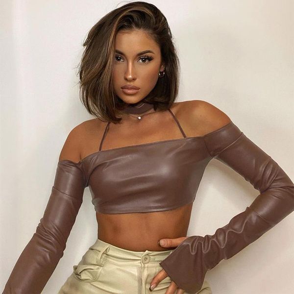 women's t-shirt leather pu halter brown crop for women long flare sleeve backless cropped female summer fashion clothing 2021, White
women's t-shirt leather pu halter brown crop for women long flare sleeve backless cropped female summer fashion clothing 2021, White