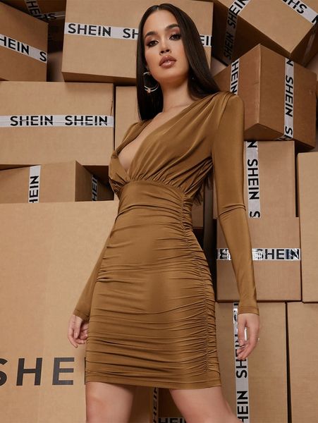 plunging ruched solid bodycon dress e64a#, Black;gray 
plunging ruched solid bodycon dress e64a#, Black;gray