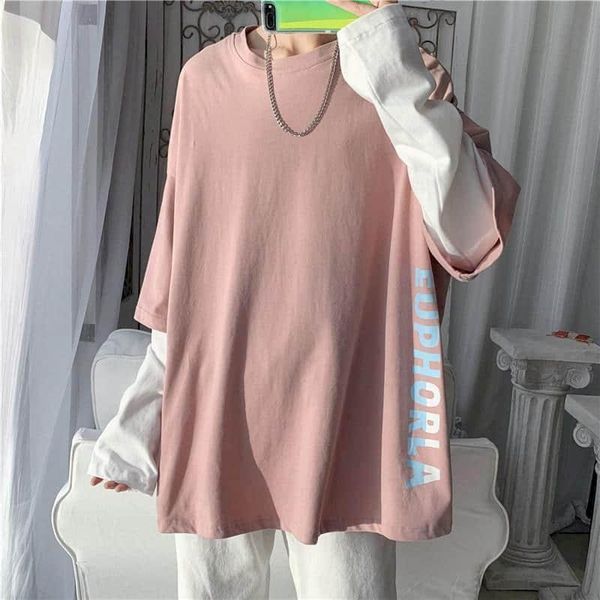 women's t-shirt contrast fake two-piece loose pullover letter print long-sleeved korean oversized t shirt goth clothes women, White
women's t-shirt contrast fake two-piece loose pullover letter print long-sleeved korean oversized t shirt goth clothes women, White