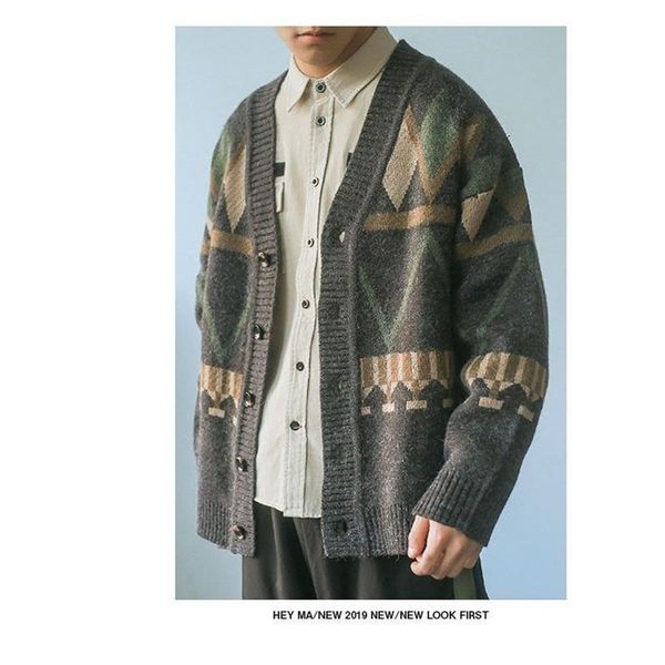 men's sweaters knitted cardigan retro japanese autumn and winter v-neck diamond contrast jacquard thread casual couple loose sweater, White;black
men's sweaters knitted cardigan retro japanese autumn and winter v-neck diamond contrast jacquard thread casual couple loose sweater, White;black