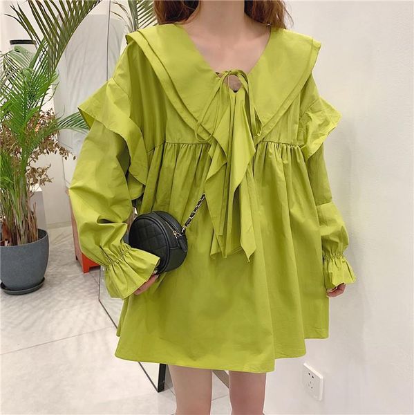 casual dresses green spring autumn women's clothing lace up flare sleeve ruffles sweet korean style loose dress women vestidos ulzzang, Black;gray 
casual dresses green spring autumn women's clothing lace up flare sleeve ruffles sweet korean style loose dress women vestidos ulzzang, Black;gray