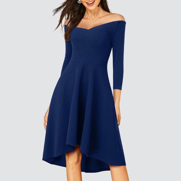 casual dresses women elegant charming pure color off shoulder 3/4 sleeve high-low flowy a-line party dress ha287, Black;gray
casual dresses women elegant charming pure color off shoulder 3/4 sleeve high-low flowy a-line party dress ha287, Black;gray