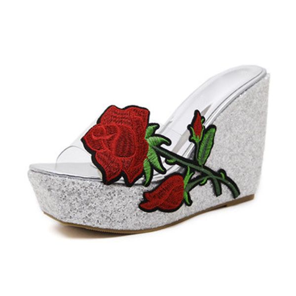embroidery rose flower transparent wedges slipper women casual sequins platform shoes fish-mouth beach slippers, Black
embroidery rose flower transparent wedges slipper women casual sequins platform shoes fish-mouth beach slippers, Black