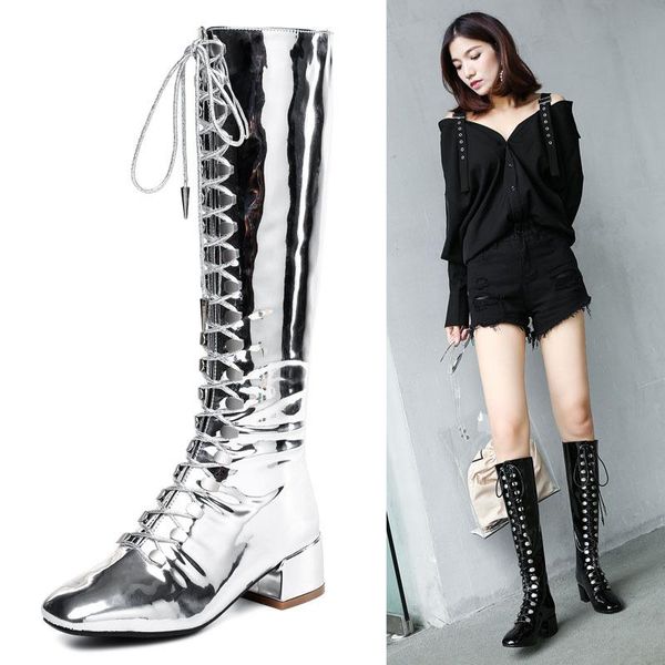 boots woman leather silver bling high 10cm square heel toe shoe solid lace up back zipper, Black