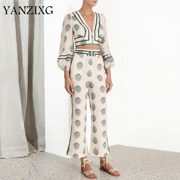 two piece dress print v neck single breasted puff long sleeve crop high waist pant women matching sets boho style l978, White
two piece dress print v neck single breasted puff long sleeve crop high waist pant women matching sets boho style l978, White
