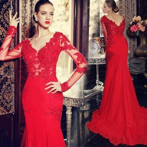 red long sleeves evening dresses chiffon beaded lace applique 2022 v neck back custom made prom party gown formal occasion wear mermaid vest, Black;red
red long sleeves evening dresses chiffon beaded lace applique 2022 v neck back custom made prom party gown formal occasion wear mermaid vest, Black;red