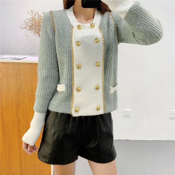 knits cardigans autumn winter fashion sweater o-neck double breasted buttons chain edged knit cardigan, White
knits cardigans autumn winter fashion sweater o-neck double breasted buttons chain edged knit cardigan, White