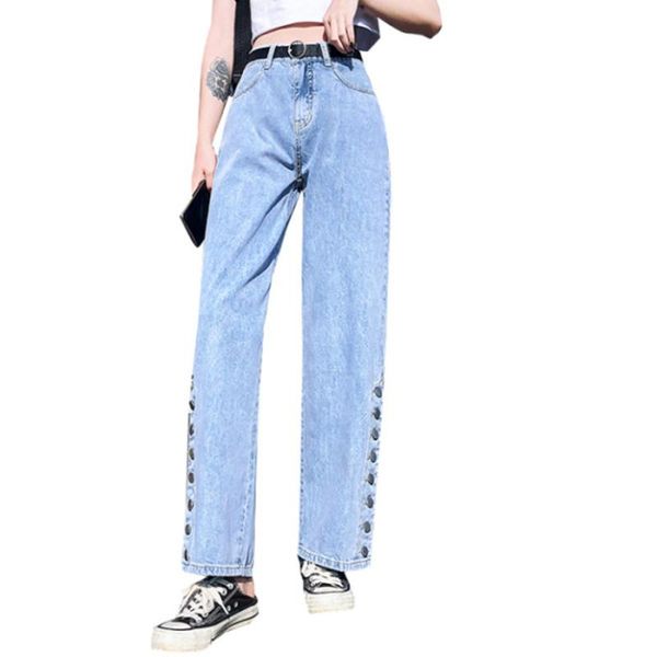 women's jeans high-waist side slit single-breasted wide-leg fashion casual straight leg loose and thin all-match student pants, Blue
women's jeans high-waist side slit single-breasted wide-leg fashion casual straight leg loose and thin all-match student pants, Blue