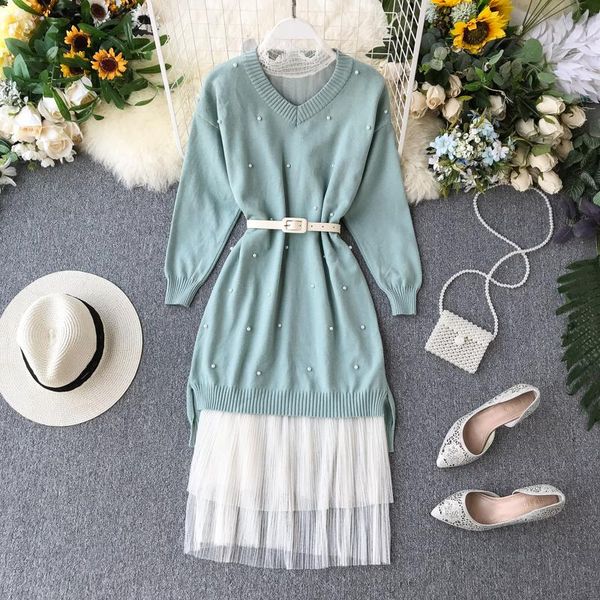 two piece dress women autumn sleeveless mesh pleated + beads v neck long sleeve knitted sets j779, White
two piece dress women autumn sleeveless mesh pleated + beads v neck long sleeve knitted sets j779, White