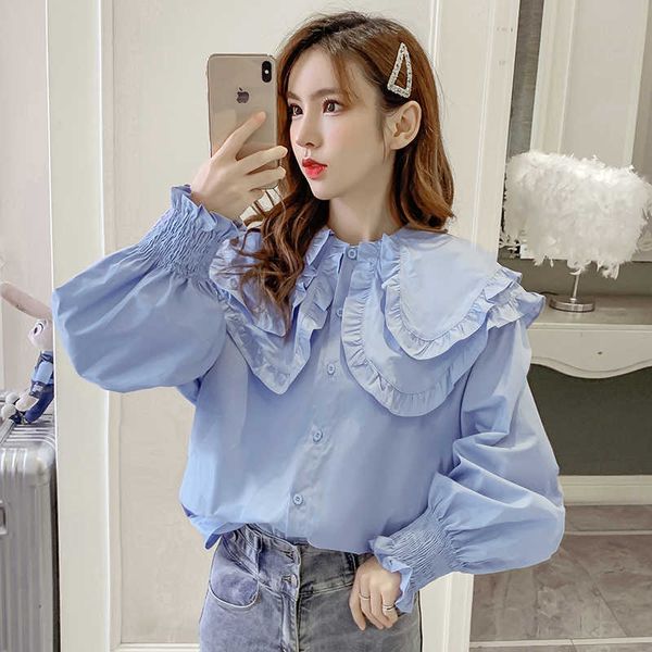 women's knits & tees ruffles peter pan collar blue blouse single breasted lantern sleeve loose casual cotton shirts plus size hara, White
women's knits & tees ruffles peter pan collar blue blouse single breasted lantern sleeve loose casual cotton shirts plus size hara, White