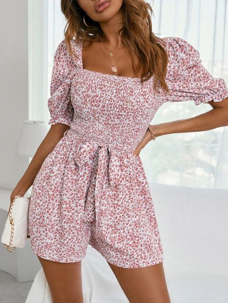 ditsy floral shirred belted romper e85l#, White