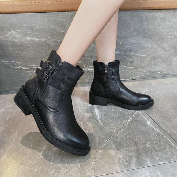 boots british winter leather women ankle for sewing round toe platform, Black