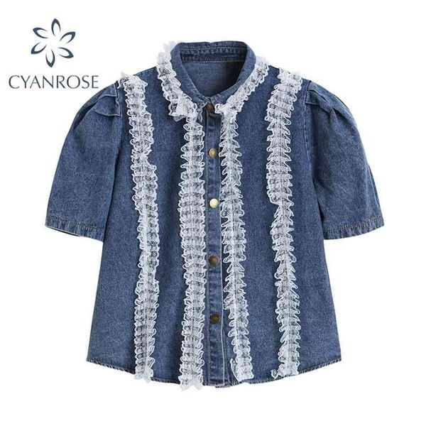 lace patchwork denim blouse women summer sweet puff short sleeve jean shirts korean style design single breasted blusas 210515, White
lace patchwork denim blouse women summer sweet puff short sleeve jean shirts korean style design single breasted blusas 210515, White