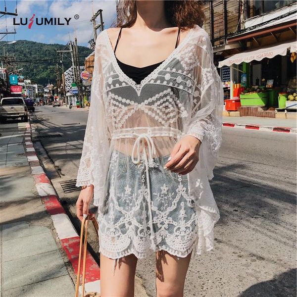 women's swimwear lusumily summer beachwear women white lace bikini cover up hollow out beach dress female cardigan girl top, White;black 
women's swimwear lusumily summer beachwear women white lace bikini cover up hollow out beach dress female cardigan girl top, White;black
