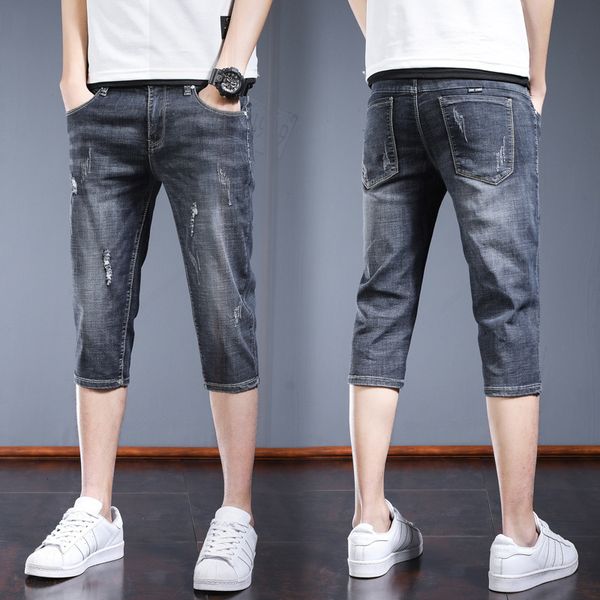 jeans 7-point shorts men's fashion summer thin hole pants casual trend, Blue
