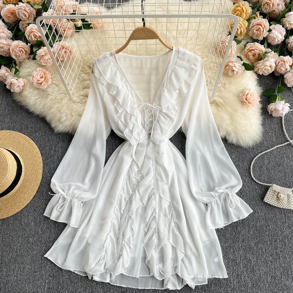 women white lace mini dress v-neck ruffle long sleeve double ruffle sweet a-line vestidos female elegant robe spring summerswimwear bat, Black;gray
women white lace mini dress v-neck ruffle long sleeve double ruffle sweet a-line vestidos female elegant robe spring summerswimwear bat, Black;gray