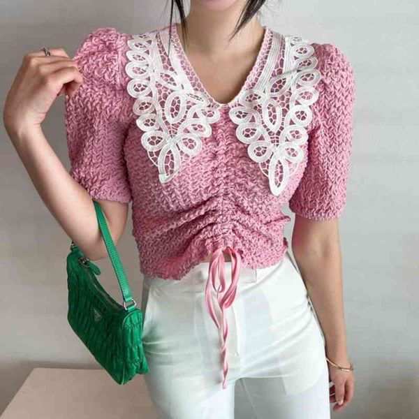 summer chic sweet lace patchwork v neck pink short sleeve blouse women tight drawstring blusas fashion shirts retro 210429, White
summer chic sweet lace patchwork v neck pink short sleeve blouse women tight drawstring blusas fashion shirts retro 210429, White