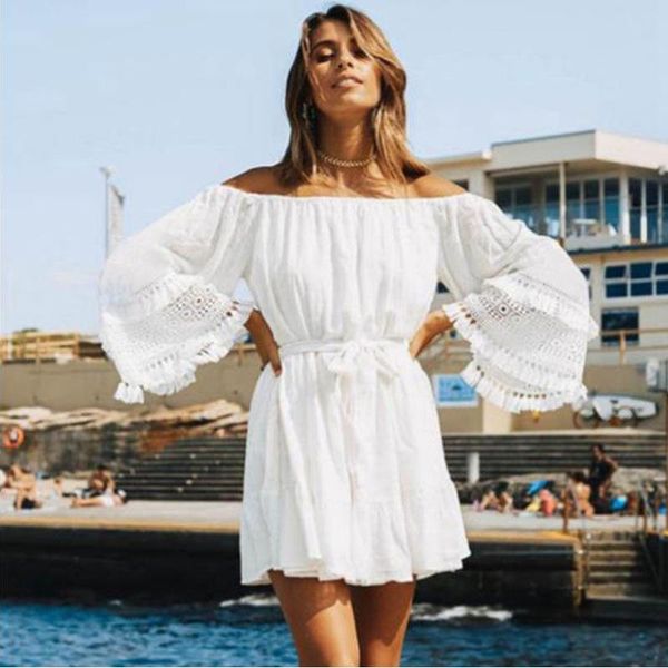 summer off shoulder solid white beach dress for women flare sleeve mini casual loose cover ups swimwear women's, White;black
summer off shoulder solid white beach dress for women flare sleeve mini casual loose cover ups swimwear women's, White;black