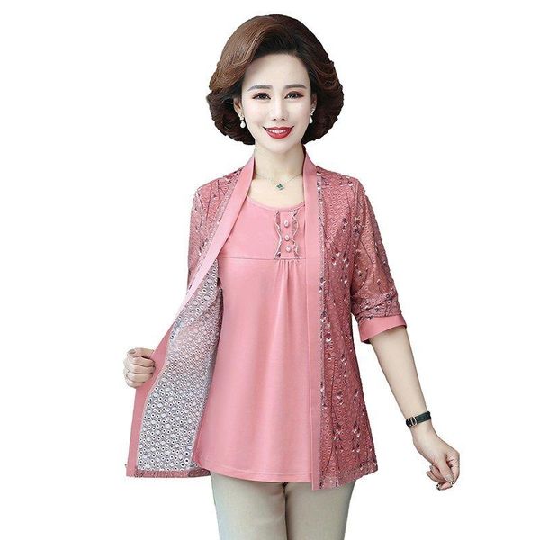 women t-shirt 2021 spring 3/4 sleeve fake two lace floral tee shirts middle-aged and elderly women's elegant coat, White
women t-shirt 2021 spring 3/4 sleeve fake two lace floral tee shirts middle-aged and elderly women's elegant coat, White