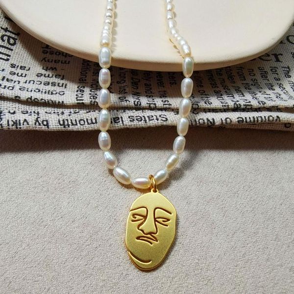 baroque freshwater pearl necklace non-mainstream design simple beads beaded cold abstract face female pendant necklaces, Silver 
baroque freshwater pearl necklace non-mainstream design simple beads beaded cold abstract face female pendant necklaces, Silver