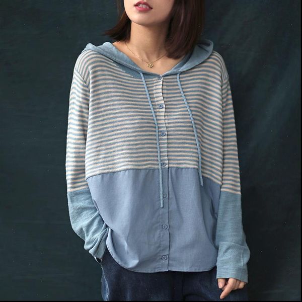 knitted striped patchwork hooded women shirt spring button long sleeve 5 color loose casual, White
knitted striped patchwork hooded women shirt spring button long sleeve 5 color loose casual, White