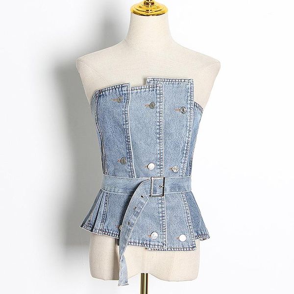 women denim off shoulder blouse strapless sleeveless high waist sashes jeans women's blouses & shirts, White 
women denim off shoulder blouse strapless sleeveless high waist sashes jeans women's blouses & shirts, White