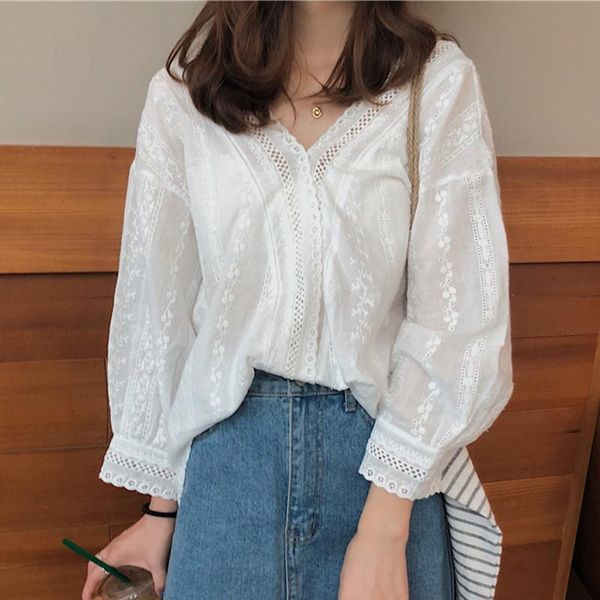 women's blouses & shirts korean office lady casual loose lace hollow v-neck print patchwork clothing long sleeve solid color vintage to, White
women's blouses & shirts korean office lady casual loose lace hollow v-neck print patchwork clothing long sleeve solid color vintage to, White