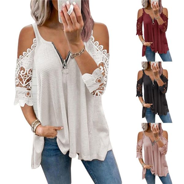women's t-shirt summer half sleeve lace shirt women casual zipper v neck loose t hollow out sling elegant pullover, White
women's t-shirt summer half sleeve lace shirt women casual zipper v neck loose t hollow out sling elegant pullover, White