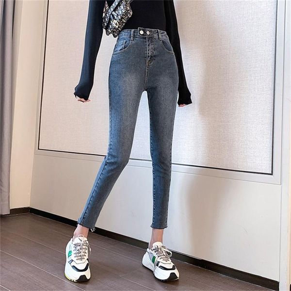 women's jeans spring-summer 2021 high waist ankle length double button fray trim slim feet pencil pants, Blue
women's jeans spring-summer 2021 high waist ankle length double button fray trim slim feet pencil pants, Blue