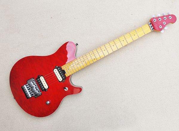 red electric guitar with quilted maple veneer,floyd rose,humbuckers pickups,maple fretboard
red electric guitar with quilted maple veneer,floyd rose,humbuckers pickups,maple fretboard
