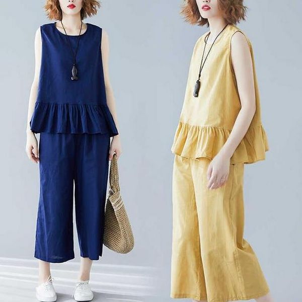 two piece dress summer korean women sets 2021 casual sleeveless ruffles elastc waist wide leg calf-length pant ae811, White
two piece dress summer korean women sets 2021 casual sleeveless ruffles elastc waist wide leg calf-length pant ae811, White