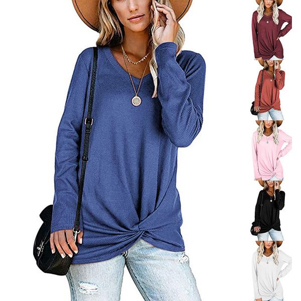 aw2021 women's wear waffle v-neck kink long sleeve t-shirt, White
