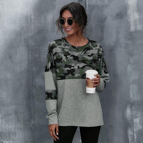 women's t-shirt in autumn and winter of 2021 round neck long sleeve european american camouflage stitching casual loose top, White
women's t-shirt in autumn and winter of 2021 round neck long sleeve european american camouflage stitching casual loose top, White