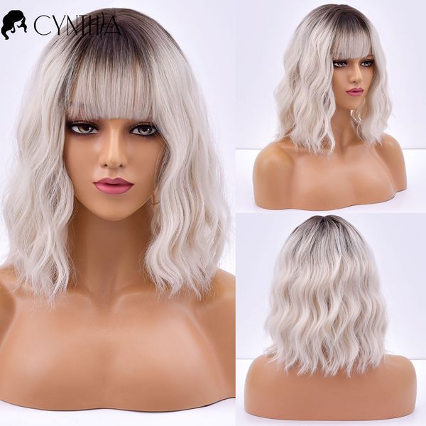 short white ombre wave hair synthetic wigs with bangs for women daily natural heat resistant cosplay wavy female fibre wig  Â, Black
short white ombre wave hair synthetic wigs with bangs for women daily natural heat resistant cosplay wavy female fibre wig  Â, Black