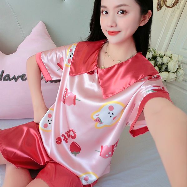 women's sleepwear summer ice silk thin short sleeve trousers korean cute leisure home suit, White
women's sleepwear summer ice silk thin short sleeve trousers korean cute leisure home suit, White