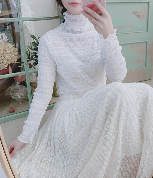women's t-shirt french high-necked long-sleeved mesh wear autumn and winter stacked stand-up collar hollow lace shirt, White
women's t-shirt french high-necked long-sleeved mesh wear autumn and winter stacked stand-up collar hollow lace shirt, White