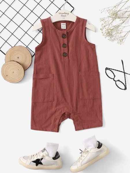 baby patched pocket half button romper she, Blue
baby patched pocket half button romper she, Blue