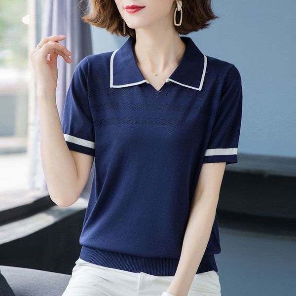 women's t-shirt fashion turn-down collar short sleeve knitted women summer stripe patchwork casual mom 's hollow out knitwear, White
women's t-shirt fashion turn-down collar short sleeve knitted women summer stripe patchwork casual mom 's hollow out knitwear, White
