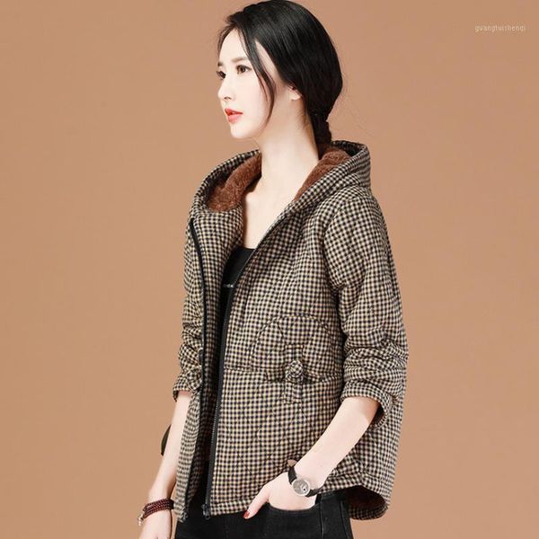 women's down & parkas winter plaid jacket for women velvet thicken loose long sleeve hooded collar woman short zipper leisure, Black
women's down & parkas winter plaid jacket for women velvet thicken loose long sleeve hooded collar woman short zipper leisure, Black