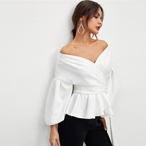 women's blouses & shirts office lady elegant lantern sleeve surplice puff long off shoulder stain blouse autumn women and shirt, White
women's blouses & shirts office lady elegant lantern sleeve surplice puff long off shoulder stain blouse autumn women and shirt, White